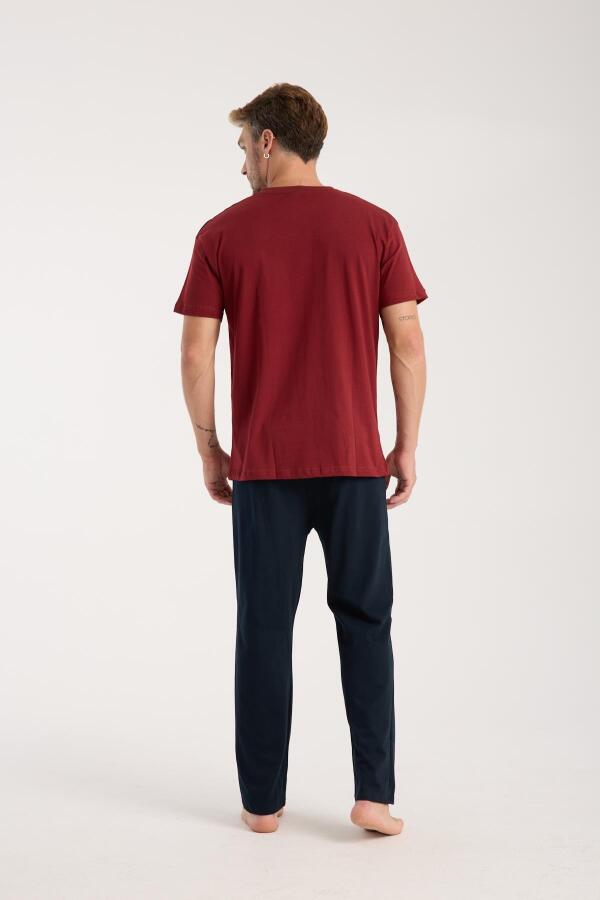 Erkek Bordo Düğmeli Yaka Kısa Kol Pijama Takımı - 5