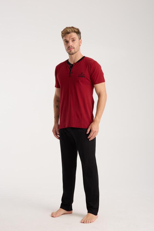 Erkek Bordo Düğmeli Yaka Kısa Kol Pijama Takımı - 6