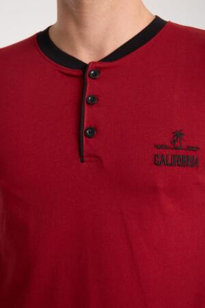 Erkek Bordo Düğmeli Yaka Kısa Kol Pijama Takımı - 7