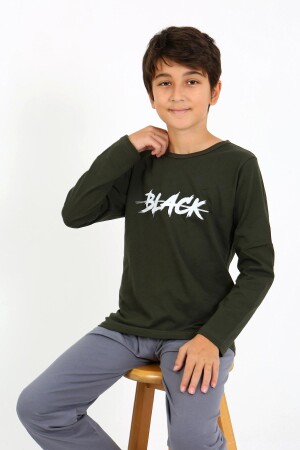 Erkek Çocuk Uzun Kol Penye Pijama Takım 20437 Haki - 6