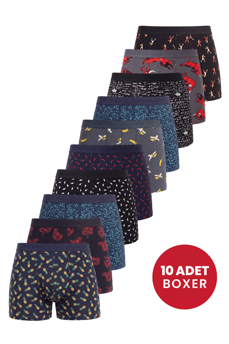 Erkek Desenli Boxer 10'lu Paket Pamuklu Likralı Yumuşak ve Esnek Kumaş - 1