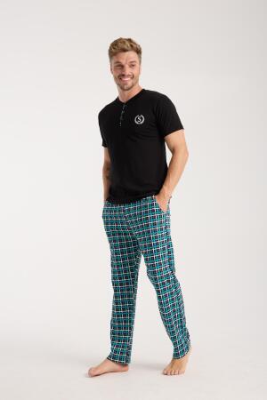 Erkek Düğmeli Yaka Siyah Kısa Kol Pijama Takımı - 4