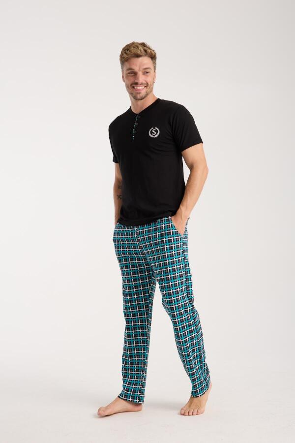 Erkek Düğmeli Yaka Siyah Kısa Kol Pijama Takımı - 4