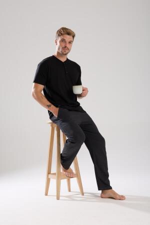 Erkek Füme Düğmeli Yaka Kısa Kol Pijama Takımı - 4