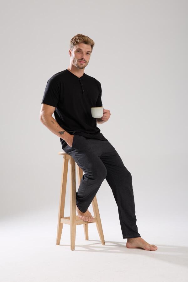 Erkek Füme Düğmeli Yaka Kısa Kol Pijama Takımı - 4