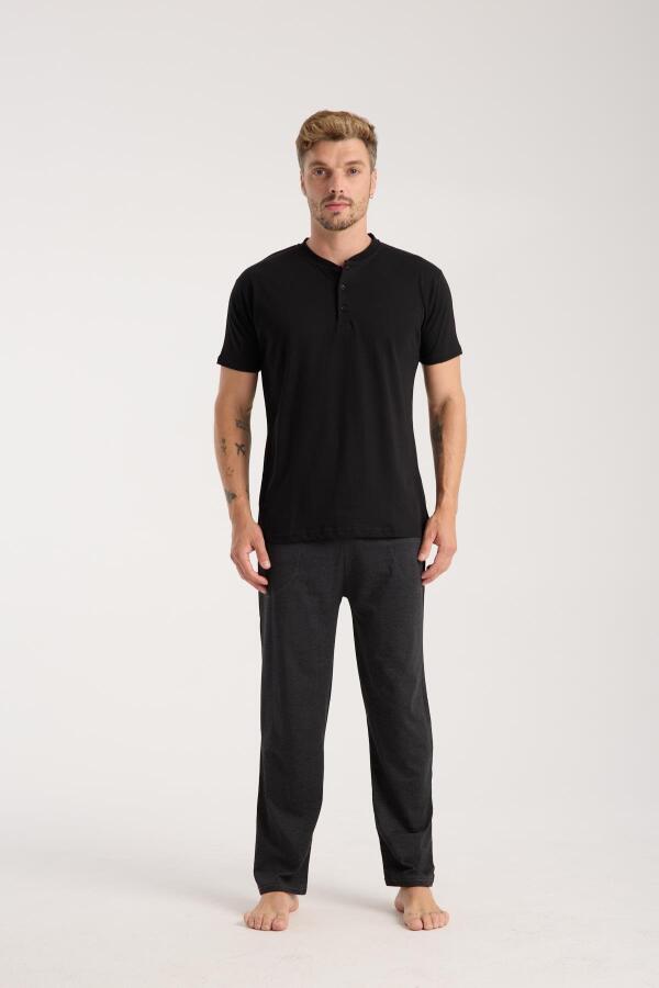 Erkek Füme Düğmeli Yaka Kısa Kol Pijama Takımı - 5