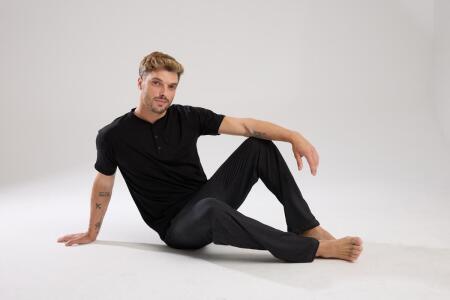 Erkek Füme Düğmeli Yaka Kısa Kol Pijama Takımı - 9