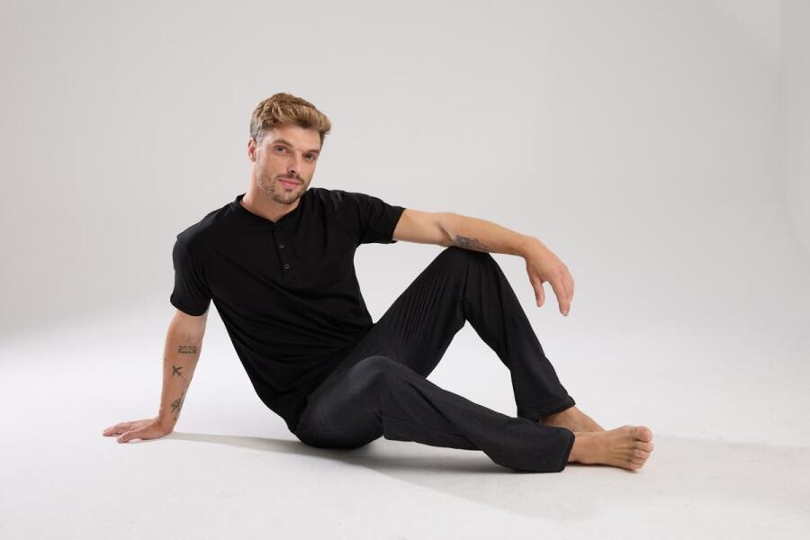 Erkek Füme Düğmeli Yaka Kısa Kol Pijama Takımı - 9