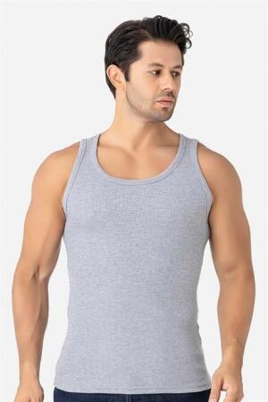 Erkek Gri Fitilli Atlet Pamuklu Likralı Kaşkorse Halter Yaka Slim Fit Atlet - 3