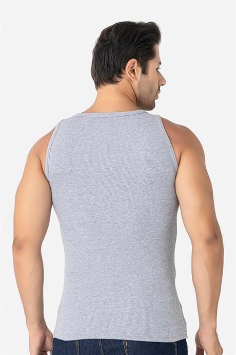 Erkek Gri Fitilli Atlet Pamuklu Likralı Kaşkorse Halter Yaka Slim Fit Atlet - 4
