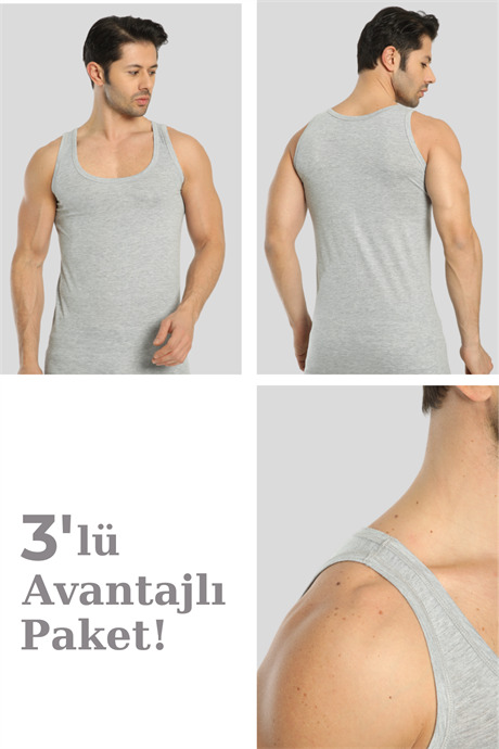 Erkek Gri Loklu Atlet 3'lü Paket %100 Pamuklu - 1