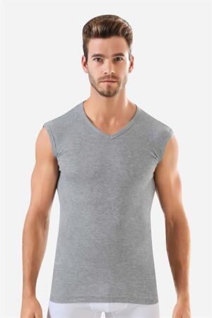 Erkek Gri Pamuklu Tişört Sıfır Kol V Yaka Kolsuz Atlet 2'li Paket - 3