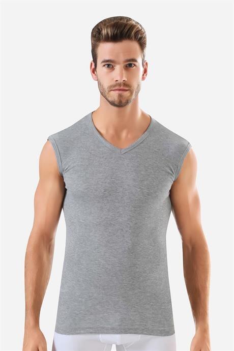 Erkek Gri Pamuklu Tişört Sıfır Kol V Yaka Kolsuz Atlet 2'li Paket - 3