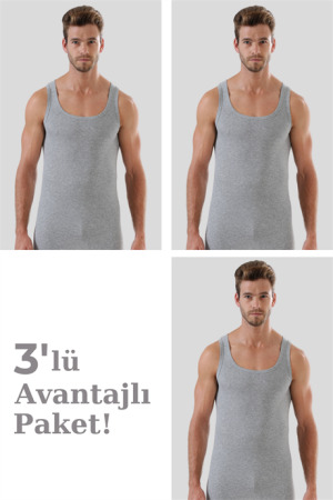 Erkek Gri Ribana Atlet 3'lü Paket %100 Pamuklu - 1