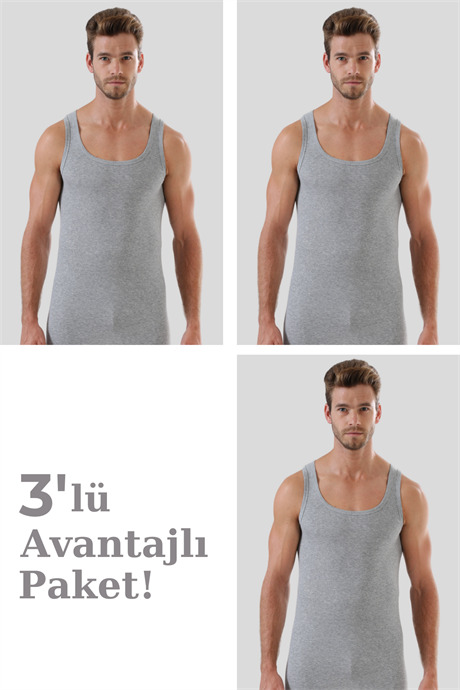 Erkek Gri Ribana Atlet 3'lü Paket %100 Pamuklu - 1