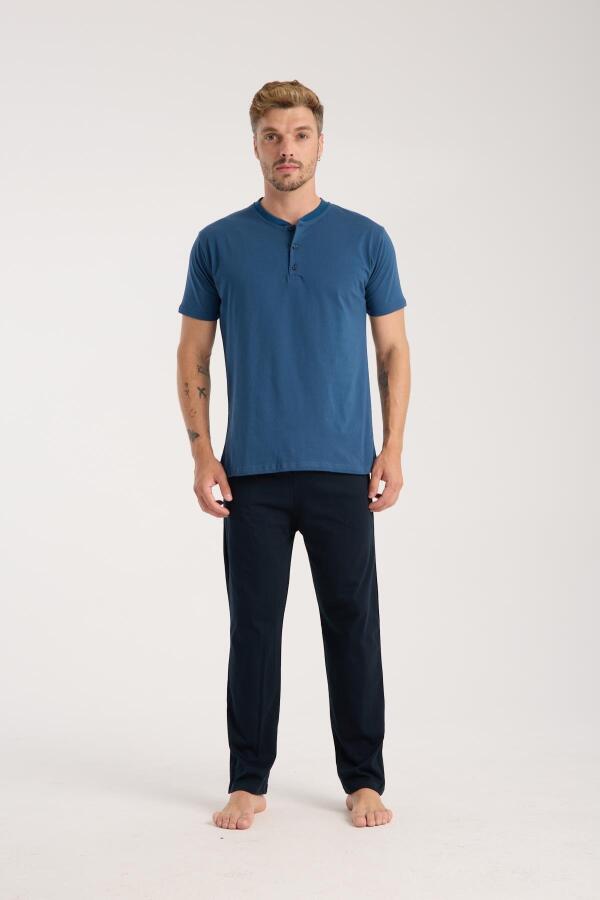 Erkek İndigo Düğmeli Yaka Kısa Kol Pijama Takımı - 3