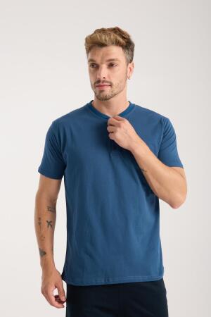 Erkek İndigo Düğmeli Yaka Kısa Kol Pijama Takımı - 6