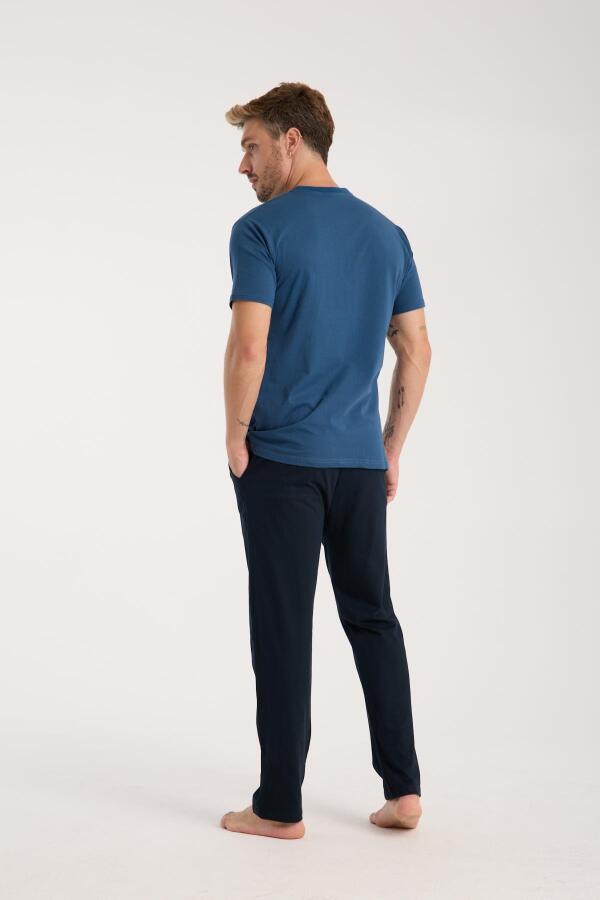 Erkek İndigo Düğmeli Yaka Kısa Kol Pijama Takımı - 7