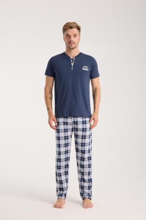 Erkek Lacivert Düğmeli Yaka Kısa Kol Pijama Takımı - 5