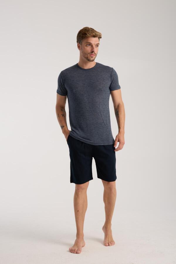 Erkek Lacivert Sıfır Yaka Kısa Kol Şortlu Pijama Takımı - 1