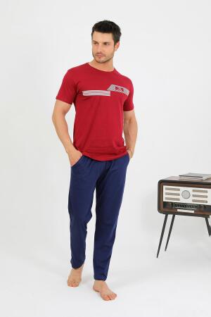 Erkek Pamuk Kısa Kol Pijama Takım Bordo 6875 - 2