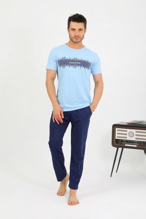 Erkek Pamuk Kısa Kol Pijama Takım Mavi 6875 - 3