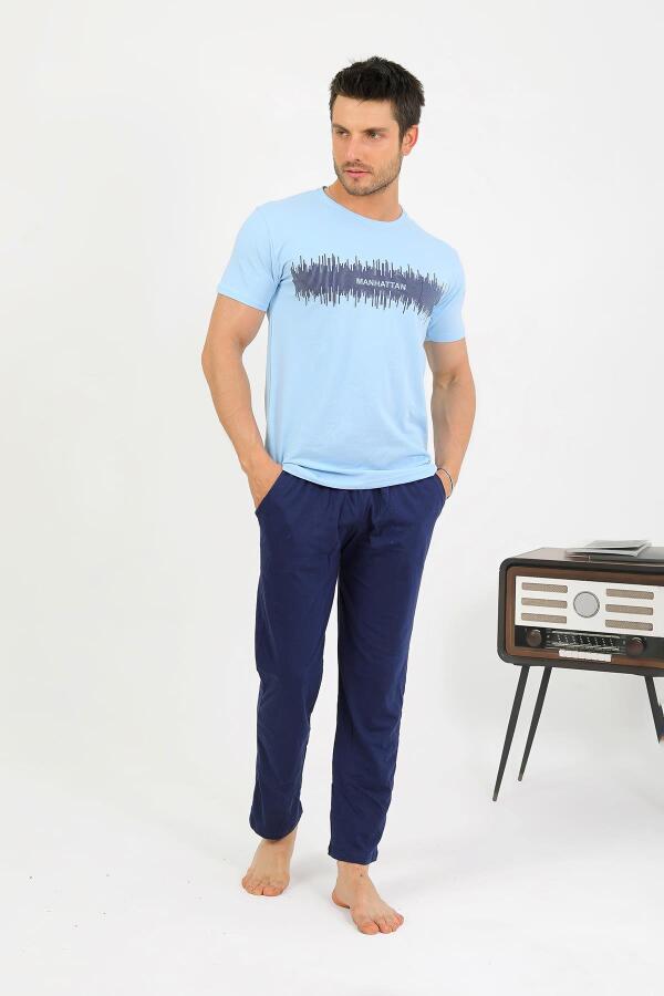 Erkek Pamuk Kısa Kol Pijama Takım Mavi 6875 - 4