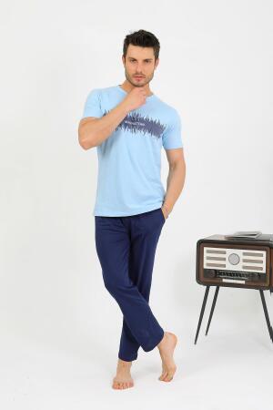 Erkek Pamuk Kısa Kol Pijama Takım Mavi 6875 - 5