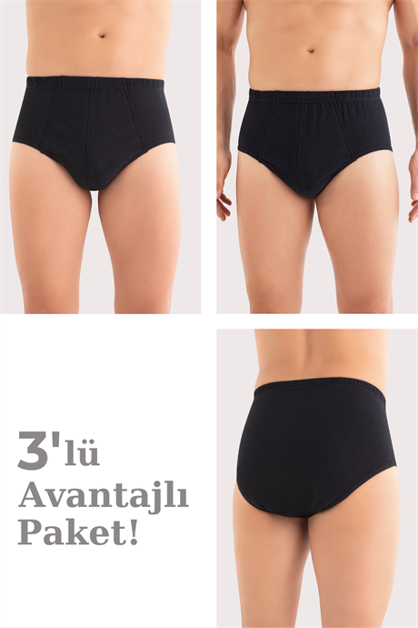 Erkek Pamuklu Külot Düz Siyah Beli Lastikli 3'lü Paket - 1