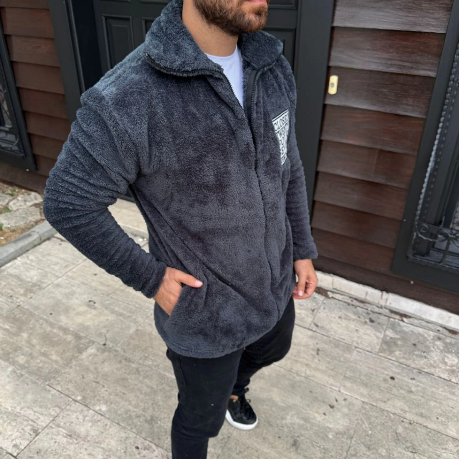 Erkek Polar Fermuarlı Sweatshirt – Kapüşonsuz, Cepli, Yumuşak Dokulu, Oversize Rahat Kalıp, Kışlık Sıcak Tutan Fermuarlı Üst - Füme - 3