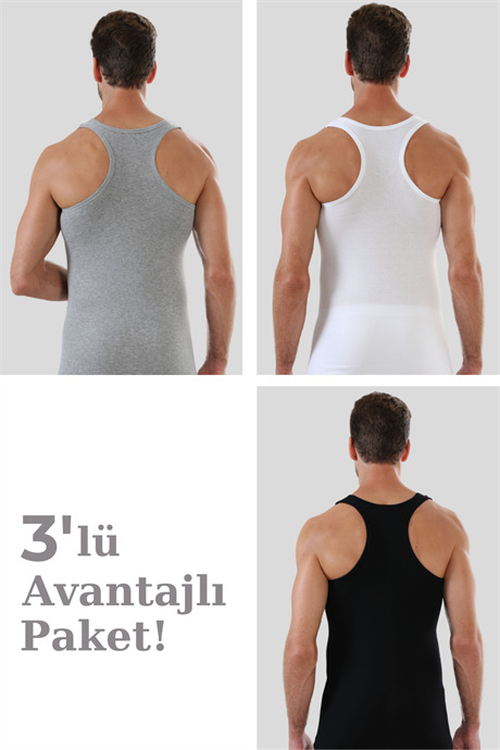 Erkek Renkli Sporcu Atlet Ribana %100 Pamuk 3'lü Paket - 1