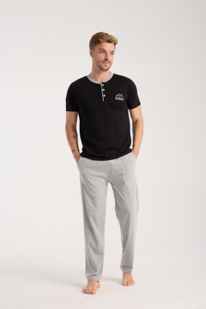 Erkek Siyah Düğmeli Yaka Kısa Kol Pijama Takımı - Angelino