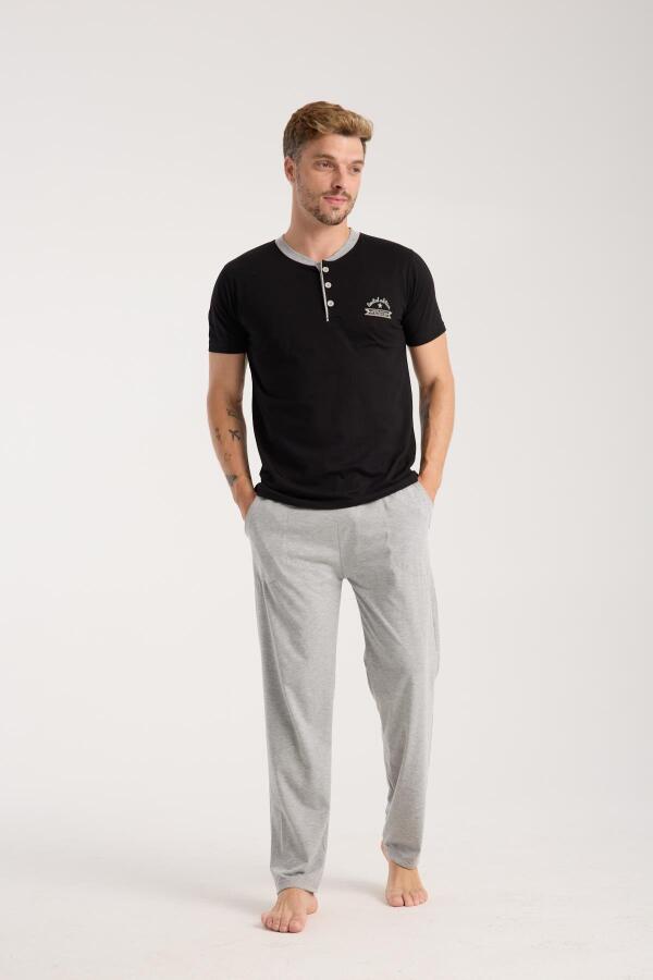 Erkek Siyah Düğmeli Yaka Kısa Kol Pijama Takımı - 1
