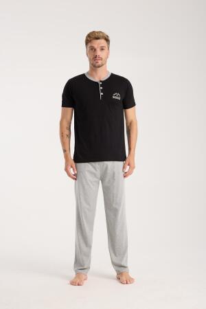 Erkek Siyah Düğmeli Yaka Kısa Kol Pijama Takımı - Angelino (1)