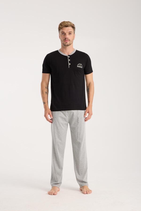 Erkek Siyah Düğmeli Yaka Kısa Kol Pijama Takımı - 2