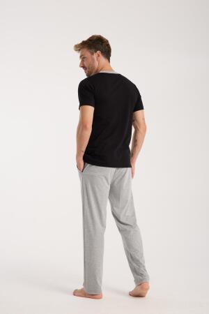 Erkek Siyah Düğmeli Yaka Kısa Kol Pijama Takımı - 3