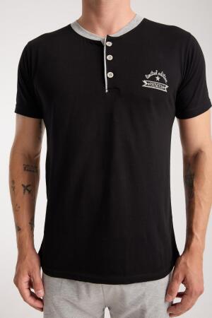 Erkek Siyah Düğmeli Yaka Kısa Kol Pijama Takımı - 5