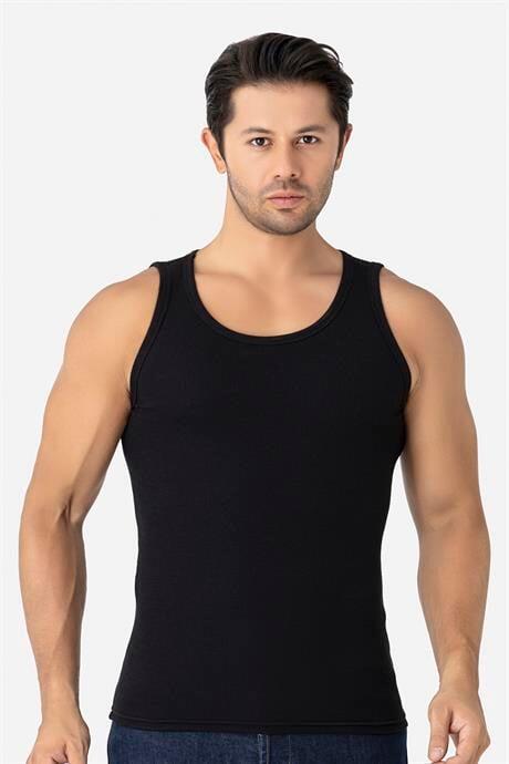 Erkek Siyah Fitilli Atlet Pamuklu Likralı Kaşkorse Halter Yaka Slim Fit Atlet - 1