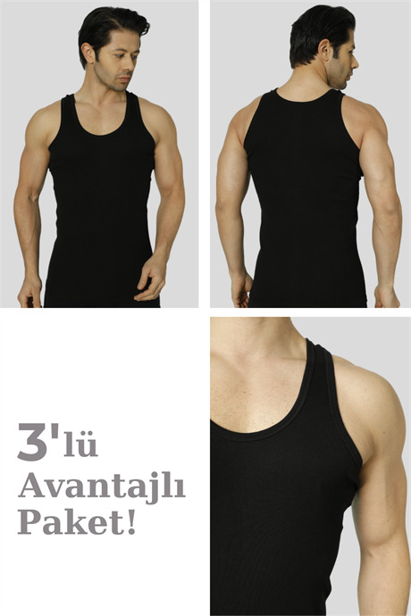 Erkek Siyah Fitilli Kaşkorse Atlet 3'lü Paket Likralı - 1
