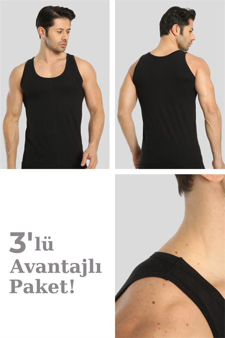 Erkek Siyah Loklu Atlet 3'lü Paket %100 Pamuklu - 1