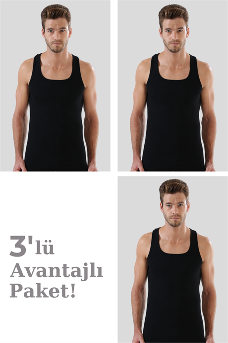 Erkek Siyah Ribana Atlet 3'lü Paket %100 Pamuklu - 1