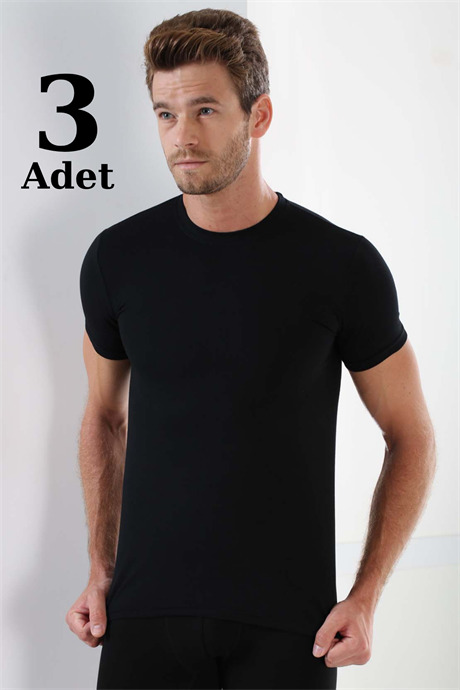 Erkek Siyah T-Shirt Sıfır Yaka Kısa Kollu 3'lü Paket %100 Pamuk - 1