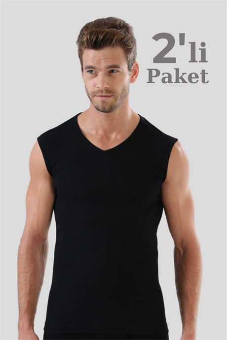Erkek Siyah Tişört V Yaka Sıfır Kol Kolsuz Atlet Body 2'li %100 Pamuk - 1
