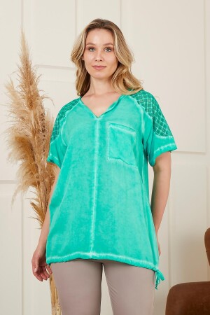 Eteği Bağlamalı Omuz Detaylı Büyük Beden Yeşil Bluz - RMG