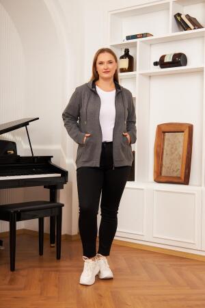 Fermuar Detaylı Büyük Beden Füme Eşofman Üst - 5