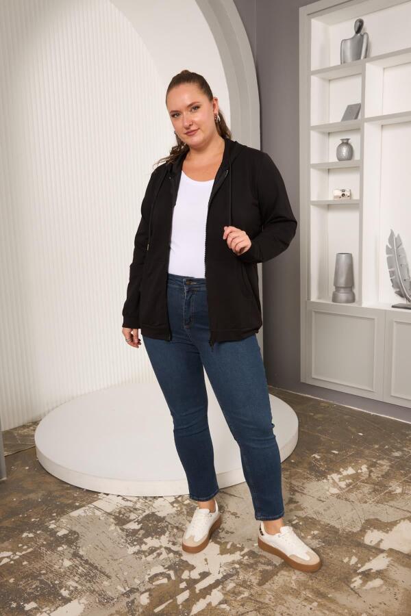 Fermuar Detaylı Büyük Beden Siyah Eşofman Üst - 5