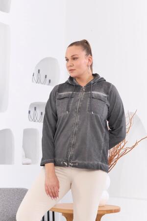 Fermuar Detaylı Kapşonlu Büyük Beden Füme Yıkamalı Ceket - 3