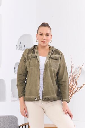 Fermuar Detaylı Kapşonlu Büyük Beden Haki Yıkamalı Ceket - RMG