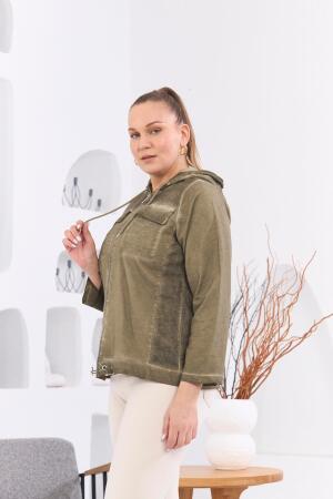 Fermuar Detaylı Kapşonlu Büyük Beden Haki Yıkamalı Ceket - RMG (1)