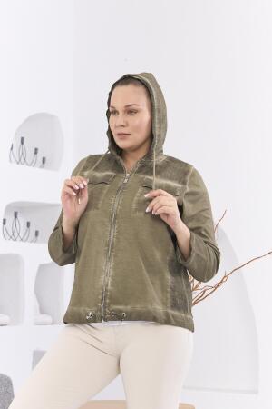 Fermuar Detaylı Kapşonlu Büyük Beden Haki Yıkamalı Ceket - 4